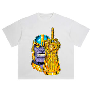 Thanos Infinity Gauntlet Middle Finger Graphic T-shirt featuring grinning Thanos and gold gauntlet raised in middle finger salute with glowing Infinity Stones.