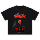 Akira Shirt with Kaneda walking toward his red bike in cyberpunk anime design