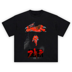 Akira Shirt with Kaneda walking toward his red bike in cyberpunk anime design