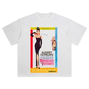 Breakfast at Tiffanys Shirt with Audrey Hepburn in iconic black dress and glamorous style