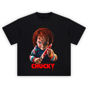 Chucky Shirt featuring terrifying killer doll with bloody knife from Child's Play
