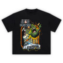 Ghostbusters Slimer Shirt featuring comic-style art with Slimer, Ecto-1, and flying junk food