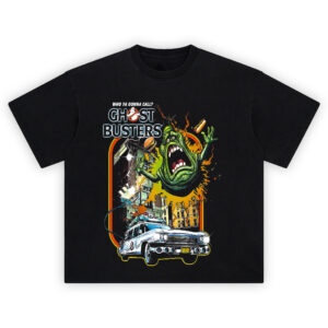 Ghostbusters Slimer Shirt featuring comic-style art with Slimer, Ecto-1, and flying junk food