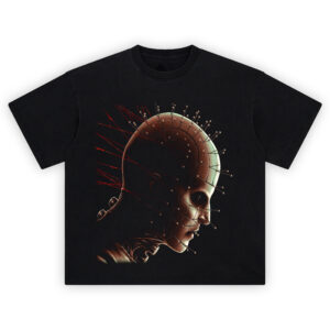 Hellraiser Pinhead T-Shirt with detailed profile of Pinhead's face and head pierced with pins and wires