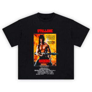 Rambo First Blood Part II T-Shirt with Stallone aiming rocket launcher in fiery backdrop
