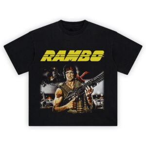 Rambo T-Shirt with Sylvester Stallone holding a machine gun in a battle-ready pose