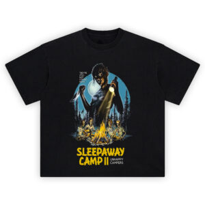Sleepaway Camp II T-Shirt with campfire skeletons and creepy killer counselor under full moon