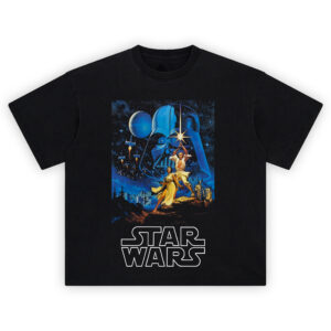 Star Wars Movie Poster T-Shirt with Luke Skywalker, Princess Leia, and Darth Vader in classic sci-fi galaxy scene
