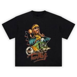Teen Wolf Van Surfing T-Shirt with Scott Howard on the Wolfmobile holding basketball in Beavers jersey