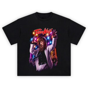 Teen Wolf Dance Party T-Shirt with werewolf in white suit dancing under colorful lights