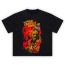 The Texas Chainsaw Massacre Horror Collage T-Shirt featuring Leatherface, victims, and blood-red artwork