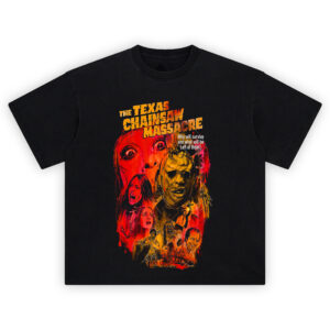 The Texas Chainsaw Massacre Horror Collage T-Shirt featuring Leatherface, victims, and blood-red artwork
