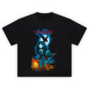 The Crow Retro Revenge T-Shirt with gothic Eric Draven, crow, tombstones, and cityscape explosion