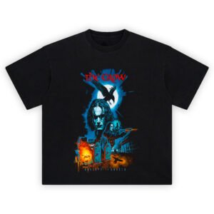 The Crow Retro Revenge T-Shirt with gothic Eric Draven, crow, tombstones, and cityscape explosion