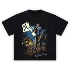 The Evil Dead Retro Horror T-Shirt with Ash Williams standing in front of a haunted cabin and deadites rising