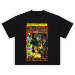 The Fun House Horror Comic Style T-Shirt with vintage slasher artwork and neon gore