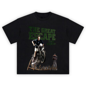 The Great Escape Steve McQueen Motorcycle T-Shirt with fence jump scene artwork