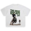 The Great Escape Steve McQueen Motorcycle T-Shirt with fence jump scene artwork