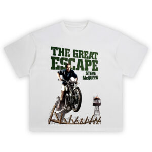 The Great Escape Steve McQueen Motorcycle T-Shirt with fence jump scene artwork