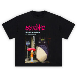 My Neighbor Totoro Japanese Rain Poster Tee with Satsuki and Totoro under umbrella in classic anime scene