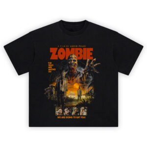 Lucio Fulci Zombie Vintage Poster Tee with decaying zombies and bold orange type