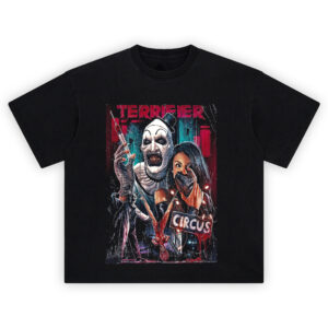 Terrifier Circus Horror T-Shirt with Art the Clown, syringe, and graphic bloody design