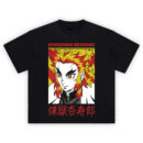 Demon Slayer Kyojuro Rengoku Portrait T Shirt featuring a vibrant flame-colored close-up of Rengoku