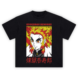 Demon Slayer Kyojuro Rengoku Portrait T Shirt featuring a vibrant flame-colored close-up of Rengoku