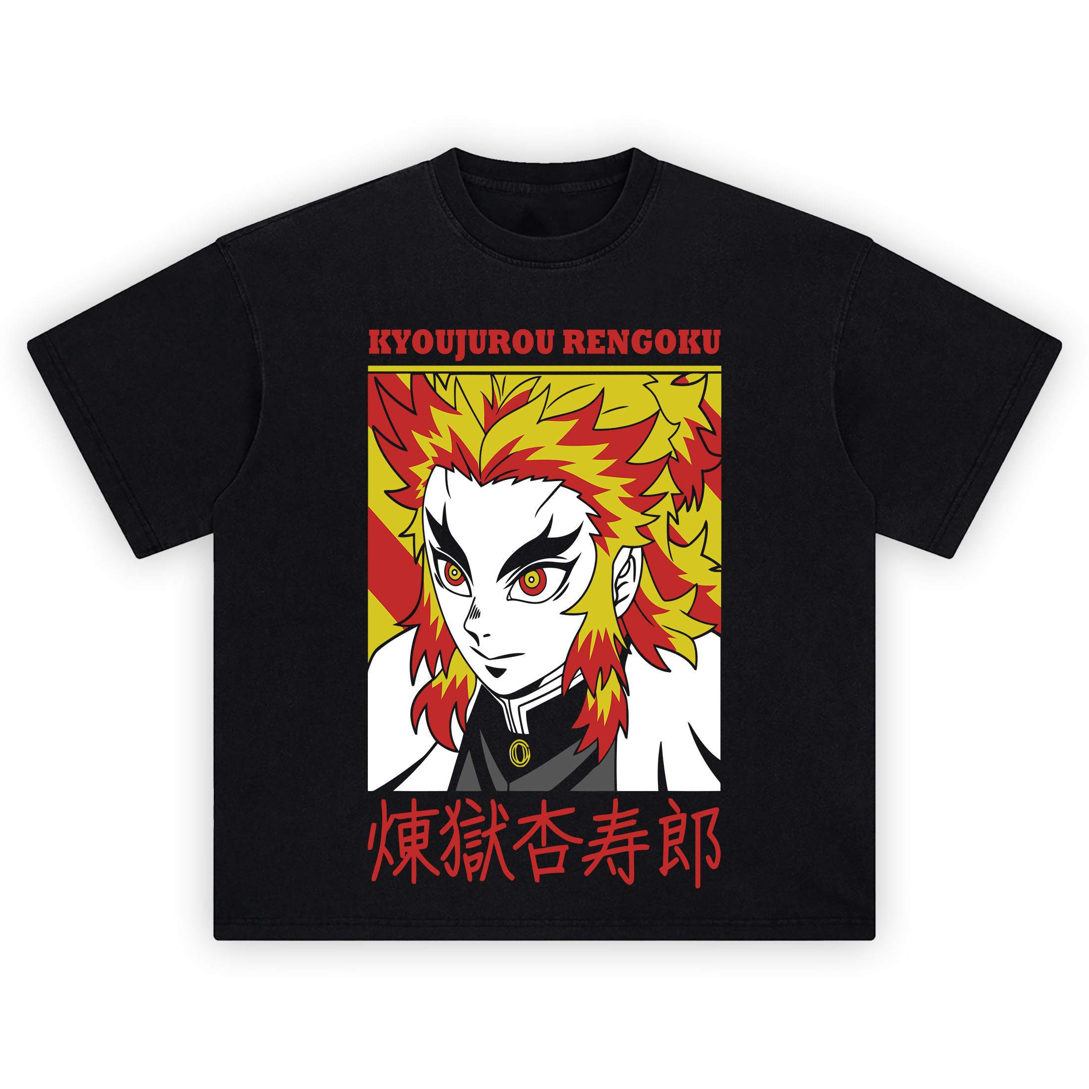 Demon Slayer Kyojuro Rengoku Portrait T Shirt featuring a vibrant flame-colored close-up of Rengoku