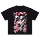 Demon Slayer Nezuko Action Pose T Shirt with pink and black manga-style artwork of Nezuko in mid-attack