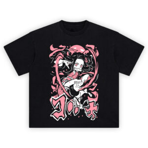 Demon Slayer Nezuko Action Pose T Shirt with pink and black manga-style artwork of Nezuko in mid-attack