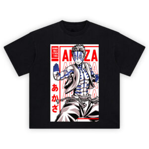 Demon Slayer Akaza Upper Moon Three T Shirt with bold anime graphic of Akaza in martial pose