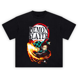 Demon Slayer Tanjiro Hinokami Fire Slash T Shirt with Tanjiro attacking in a fire arc