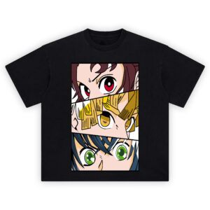 Demon Slayer Tanjiro Zenitsu Inosuke Eyes T Shirt featuring close-up eye panels of the trio