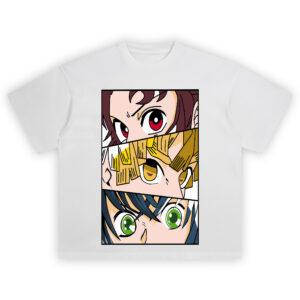 Demon Slayer Tanjiro Zenitsu Inosuke Eyes T Shirt featuring close-up eye panels of the trio