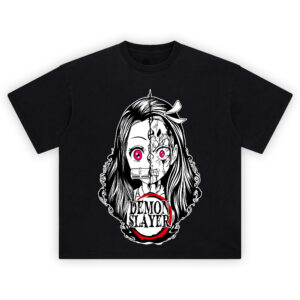 Demon Slayer Nezuko Demon Half Face T Shirt with split-face design of Nezuko's human and demon forms