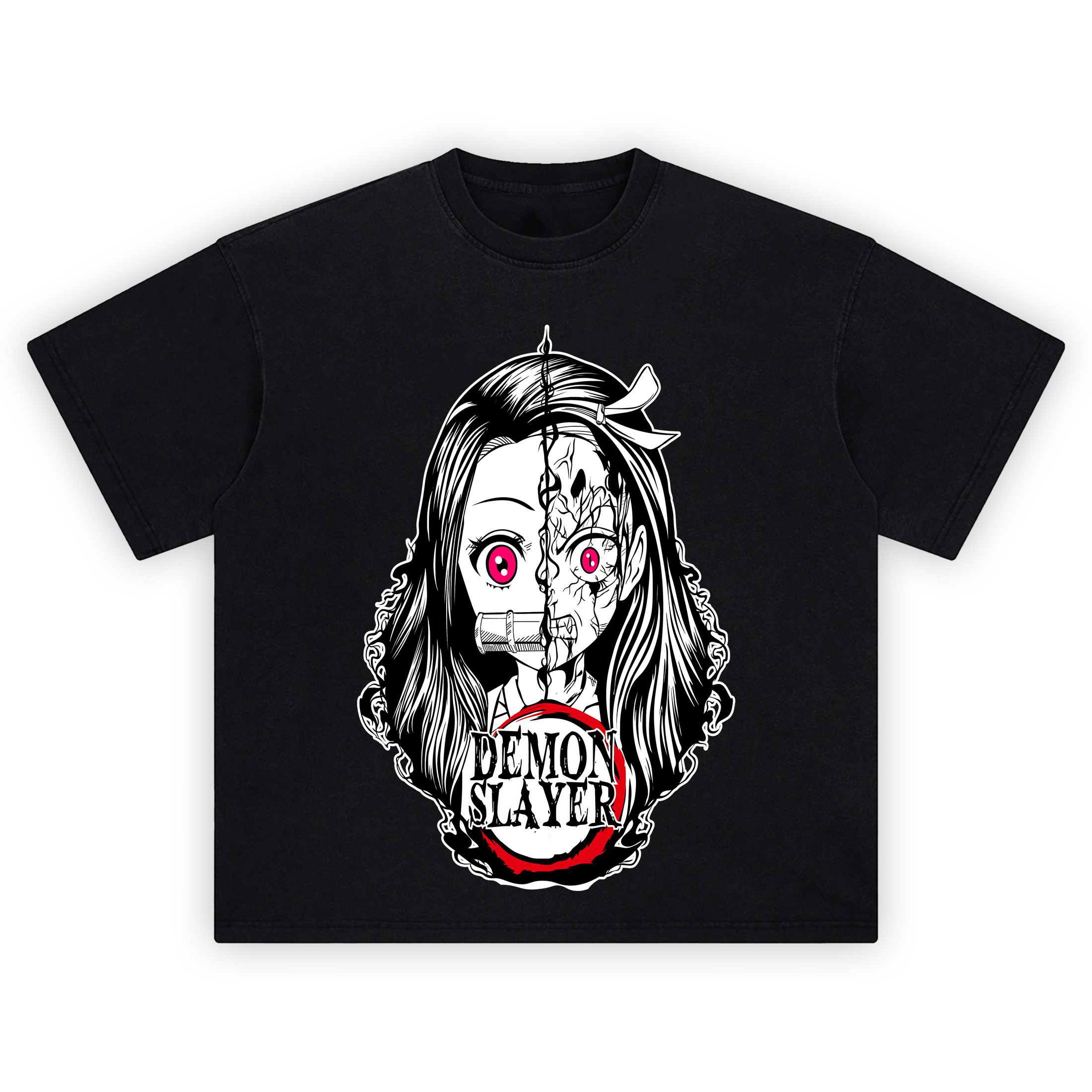 Demon Slayer Nezuko Demon Half Face T Shirt with split-face design of Nezuko's human and demon forms