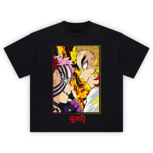 Rengoku vs Akaza Showdown T Shirt featuring fiery duel from Demon Slayer: Mugen Train