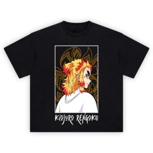 Kyojuro Rengoku Flame Pillar T Shirt with bold portrait of Rengoku from Demon Slayer