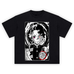 Demon Slayer Half Human Half Demon Tanjiro T Shirt showing split face of Tanjiro as human and demon