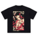 Demon Slayer Nezuko Kitsune Mask T Shirt with Nezuko holding a fox mask in crimson ink style