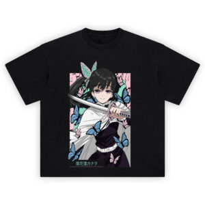 Demon Slayer Kanao Butterfly Sword T Shirt with Kanao holding her katana surrounded by butterflies