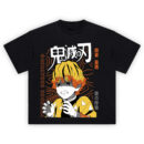 Thunder Breathing Anime Tee graphic showing a teary-eyed anime portrait with yellow-and-orange hair, triangle-pattern yellow garment, “THUNDER BREATHING” side text, and large Japanese characters on a black tee.