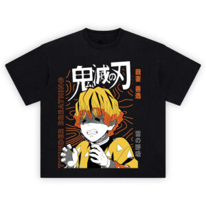 Thunder Breathing Anime Tee graphic showing a teary-eyed anime portrait with yellow-and-orange hair, triangle-pattern yellow garment, “THUNDER BREATHING” side text, and large Japanese characters on a black tee.