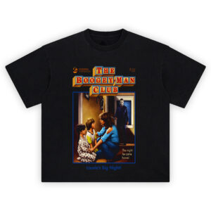 Boogeyman Club T-Shirt with retro horror book design of Michael Myers and Laurie Strode