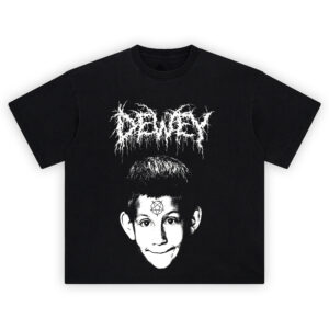 Dewey Metalhead Black Metal Graphic T-Shirt featuring Dewey with a sigil on his forehead and metal band font