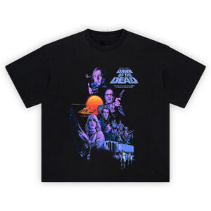 Dawn of the Dead Movie Poster Graphic T-Shirt with retro 70s artwork and zombie film cast illustration