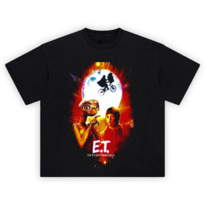 ET The Extra-Terrestrial Graphic T-Shirt with glowing E.T., Elliott, and moonlit bike silhouette