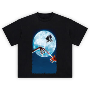 ET The Extra-Terrestrial Finger Touch Graphic T-Shirt featuring iconic glowing finger and bike in front of full moon
