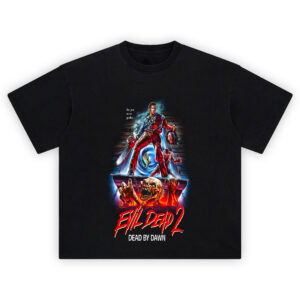 Evil Dead 2 Dead by Dawn Graphic T-Shirt with Ash Williams holding chainsaw, surrounded by Deadites